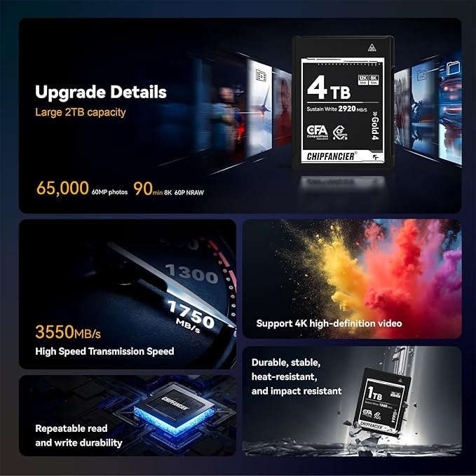 CHIPFANCIER CFexpress 4.0 Type B 968GB Memory Card Up to 3550MB/s Read 1550MB/s Write-Raw 8K Video Recording Compatible with Nikon D5/D6/Z7/Z9 Panasonic Canon EOS DJ for Photographers Black