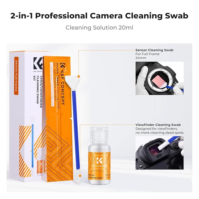 K&F CONCEPT 2-1 24mm Full Frame Sensor Cleaning Swab, Viewfinder Cleaning Swab, with 20ml Sensor Cleaner, DSLR Camera CMOS and CCD Sensor Cleaning Swab Kits Compatible with Nikon Sony Canon Camera