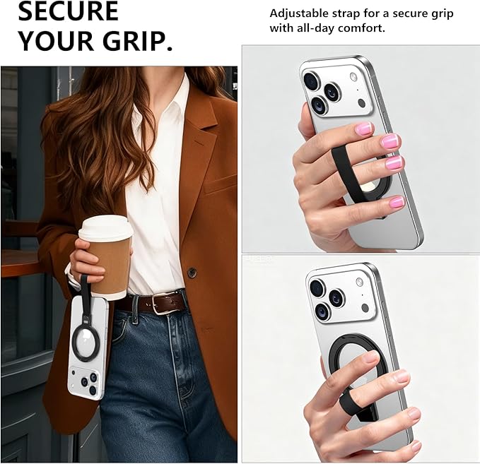 Dual-Side Magnetic Ring Holder with Silicone Strap,for MagSafe Magnet, 360 Rotation Adjustable Kickstand for iPhone 17/16/15/14/13/12 Air/Pro/Pro Max, Pixel 10,Galaxy S25 S24 (H-01 Black)