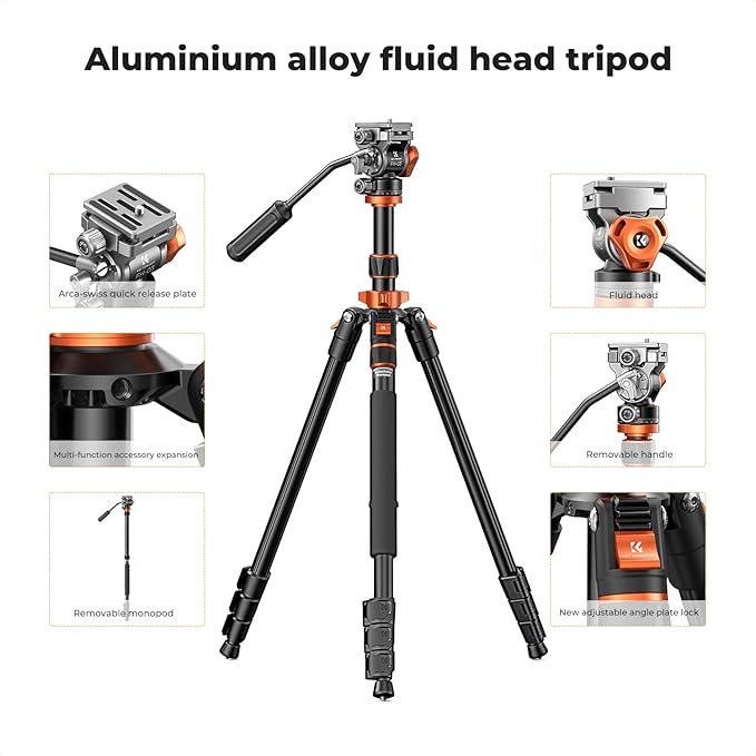 K&F CONCEPT 83" Camera Video Tripod for DSLR, Compact Aluminum Tripod with 360° Panorama Fluid Head for Travel, Video, Live Streaming, Vlogging, Payload 11lb