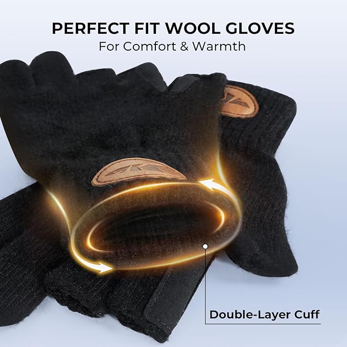 KastKing Bully Wooly 3-Cut Fingerless Wool Fishing Gloves, Cold Weather Warm Winter Gloves for Men & Women, Ice Fishing