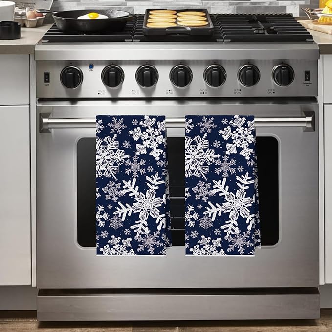 Artoid Mode Blue Snowflakes Winter Bar Kitchen Towels, 12x24 Inch Quick Dry Microfiber Cloth Dish Towels for Kitchen Drying Set of 2