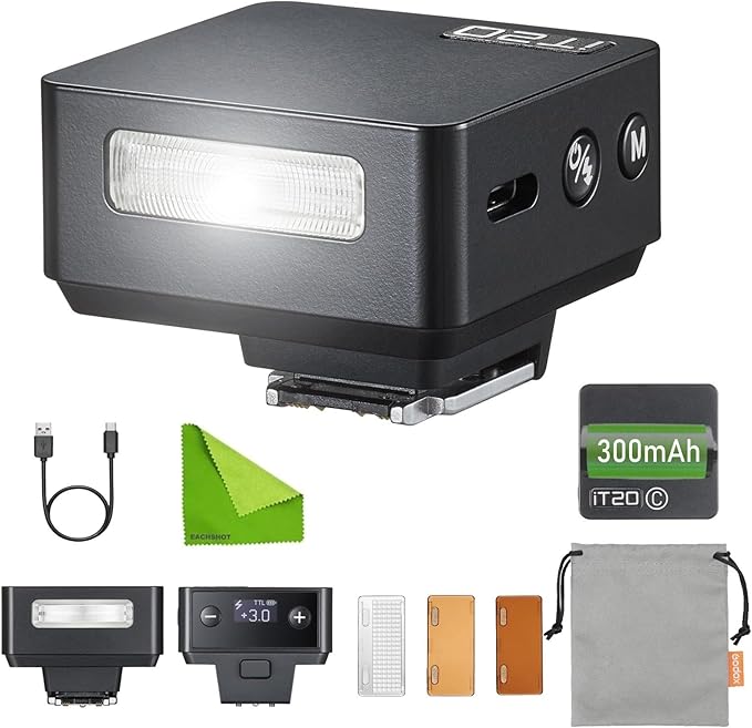 Godox iT20 C IT20C TTL Auto Mini Flash for Canon R50/ 3000D/ 200DII/ 1500D EOS-TTL II Manual Modes with USB-C Rechargeable 300mAh Battery,1.5s Recycle,Hot Shoe Triggering for Canon M50 R10 R8 (Black)