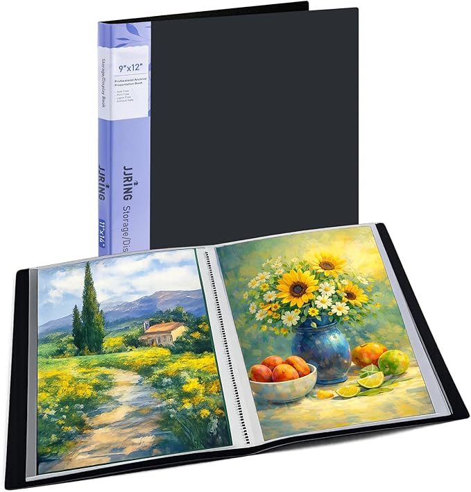 JJRING 9x12 Art Portfolio Folder with Plastic Sleeves, 24-Pocket Portfolio Binder Displaying 48 Pages, Presentation Book with Black Inner Paper for Artwork Storage, Black