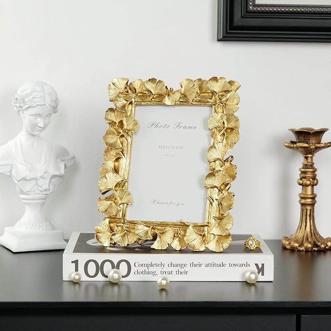 Cuspin Gold Picture Frames 4x6 Vintage Gold Frame, Ornate Leaf Textured Hand-Crafted Resin with Glass Front Antique Photo Frames for Tabletop Display, Retro Design Home Decor