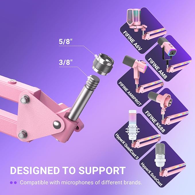 FIFINE Microphone Boom Arm, Metal Adjustable Mic Arm Stand with RGB Button, 3/8” to 5/8” Screw Adapter, Desk Mount Clamp, Suspension Scissor Mic Stand for Gaming Streaming Podcast-AmpliGame BM38P