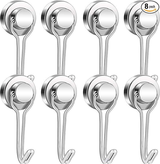 BAVITE E Swivel Swing Magnetic Hooks New Upgraded, 40LB(8pack) Refrigerator Magnet Hook,Strong Neodymium Magnets, Perfect for Refrigerator and Other Surfaces,62mm(2.44In) in Length