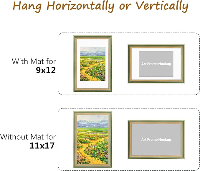 Golden State Art,11x17 Ornate Picture Frame for 9x12 Photo With Mat or 11 x 17 Prints Without Mat, Real Glass Wall Display Horizontally or Vertically (Color:Green Gold)