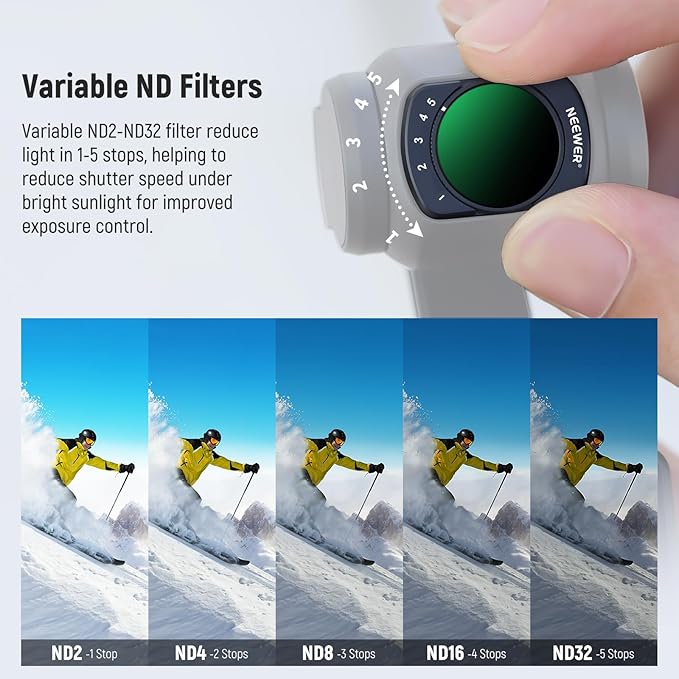 NEEWER ND Filter Set Compatible with DJI Osmo Pocket 3 Creator Combo Accessories, Wide Angle Lens + Variable ND2-32 + CPL + 1/4 Black Mist Diffusion Filter + 2X Screen Protector + 2X Cleaning Cloth