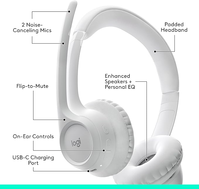 Logitech Zone 300 Wireless Bluetooth Headset with Noise-Canceling Microphone, Compatible with Windows, Mac, Chrome, Linux, iOS, iPadOS, Android – Off-White