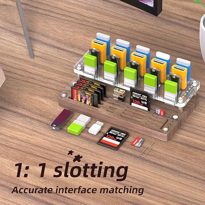 Wooden Memory Card Case for TF, SD, Micro SD Cards and USB Drives - Desk Holder and Carrying Case - AJSNH03MY