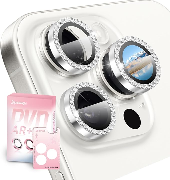 Camera Lens Protector Bling Compatible for iPhone 15 Pro/15 Pro Max,9H Tempered Glass,1Step Installation Tray,HD Clear/Military Grade Shatterproof/Scratch Resistant(Diamond Silver)