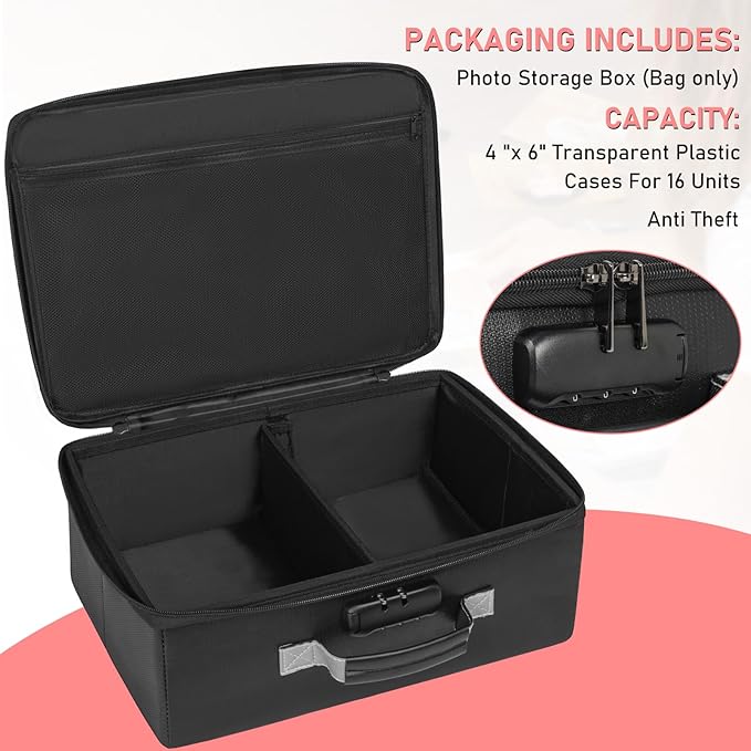 IBVIVIC Fire-resistant Photo Storage Box, Photo Organizer with Lock, Portable Photo Storage Containers Suitable for Storing 16pcs 4" x 6" Photo Cases (Box Only)