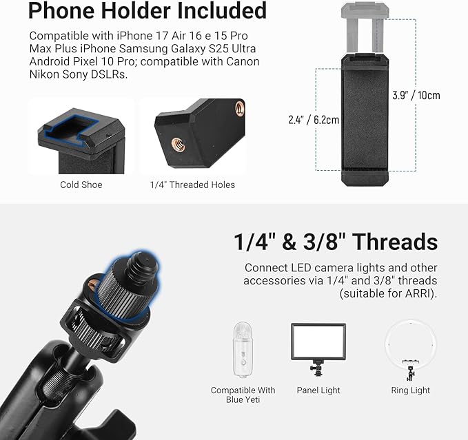 NEEWER Basics Magic Arm Desk Mount, 22" Overhead Mic Stand Boom Arm Desktop Phone Holder with 1/4" 3/8" Threads for ARRI, for DSLR Action Camera Webcam Microphone LED Light for Video Recording, UA061