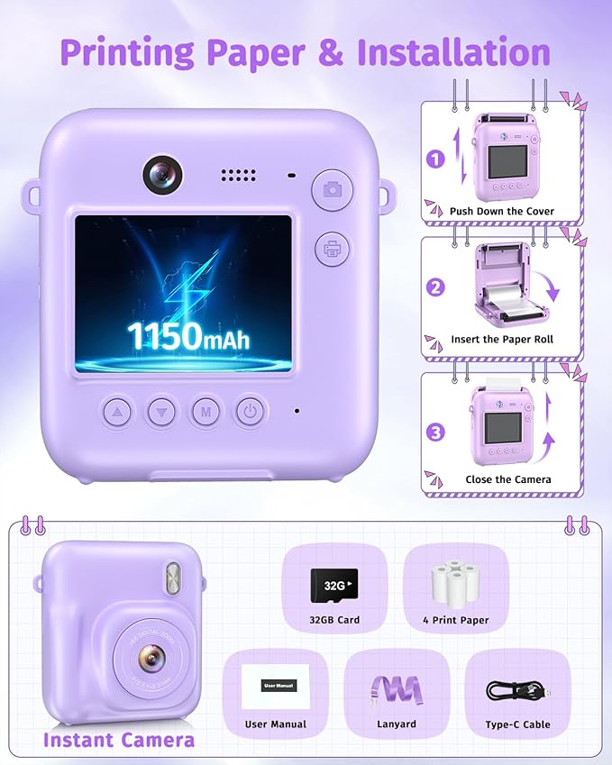 Instant Camera, Dual-Lens Kids Camera Instant Print for Boys Girls Christmas Birthday Gifts, 1080P Digital Cameras for Kids Teens with Print Paper, 32GB Card, Toddle Toy for Age 4-12 Years(Purple)