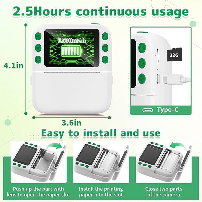 Instant Print Camera for Kids, Christmas Birthday Gifts for Girls Boys, 1080P Instant Digital Print Cameras for Toddler,Portable Toy for 4 5 6 7 8 9 10 Year Old Girl with 32GB SD Card，White