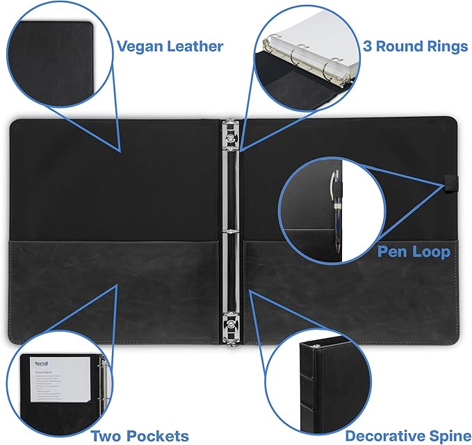 Samsill Vintage Leather 3 Ring Binder 0.5 Inch Round Ring (Holds 100 Sheets), 8.5 x 11 Inch Documents, Professional Organizer, Planner, Notebook, Black