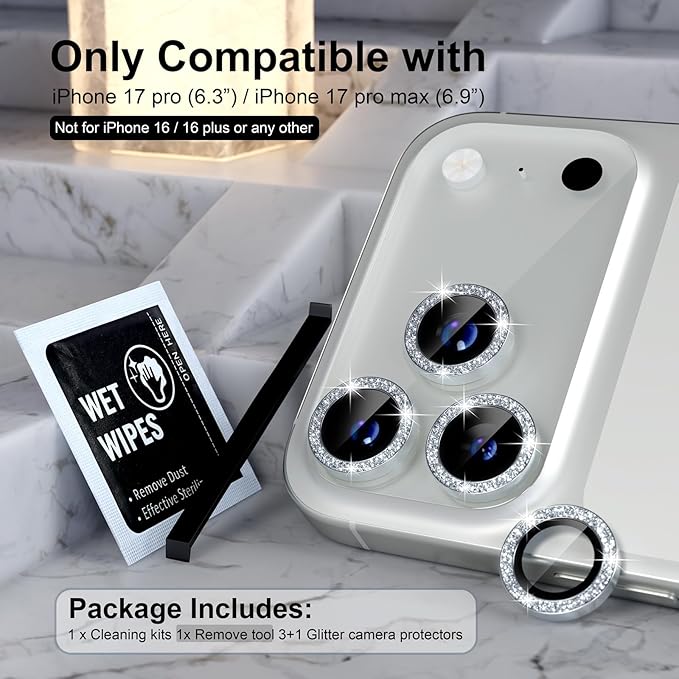 Choiche Compatible for iPhone 17 Pro/iPhone 17 Pro Max Camera Lens Protector Bling, 9H Tempered Glass Camera Cover Screen Protector Metal Ring Decoration Accessories (Glitter-Silver)