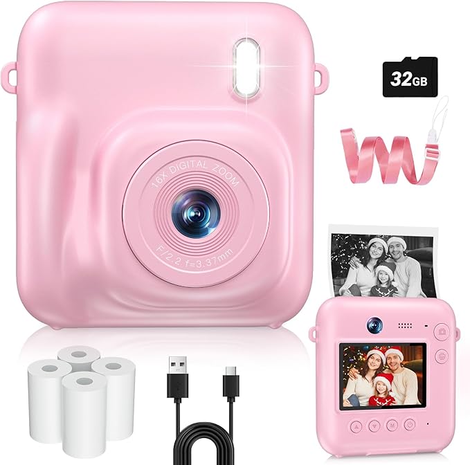 Kids Camera Instant Print, 48MP Dual-Lens Digital Camera for Girls Boys Christmas Birthday Gifts, 1080P Selfie Instant Cameras for Kids Video, Portable Toddler for 4-12 Years Old with 32GB Card-Pink