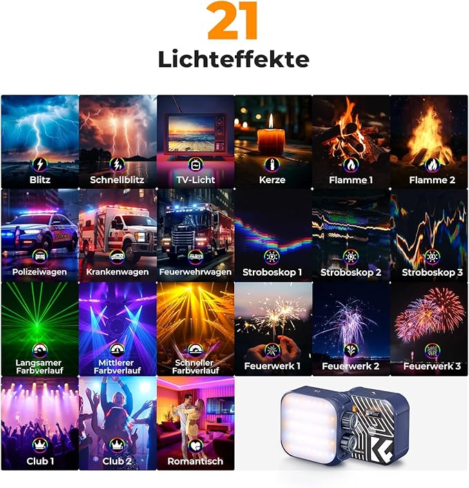 K&F CONCEPT RGB Video Light, 360° Full Color Portable Photography Light, LED Camera Light w 21 Light Effects, 2500K-9900K CRI 96+, 2000mAh Rechargeable Photography Lighting for Vlogging, Selfie, Blue