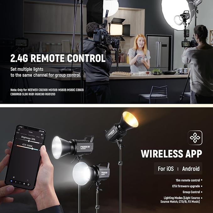 NEEWER FS230B LED Studio Video Light, 230W Bi Colour COB Continuous Lighting with 2.4G/APP Control, 110000Lux/m, 2700K-6500K, CRI 97+, Bowens Mount, Cleaning Cloth for Photography Video Recording