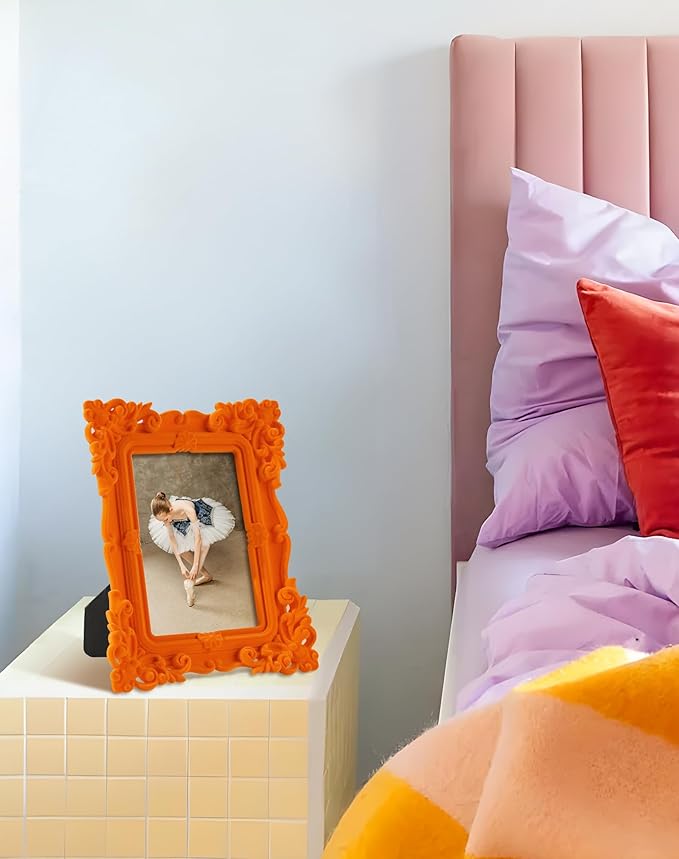 4x6 Orange Picture Frame for Drawings Prints, Small Colorful Decorative Frame with Real Glass/Stand, Retro Ornate Memorial Frame Gift for Wedding Baby Shower Retirement (Orange)