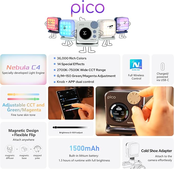 Nanlite Pico Portable LED Fill Light – Full Color RGB, Snap-On Attachment for Phone/Camera Photography, Live Streaming, Video Content Creation (Midnight Blue)