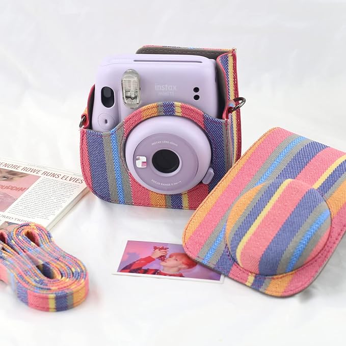 Frankmate Canvas Camera Case Compatible with Fujifilm Instax Mini 11 12 Instant Camera with Adjustable Strap and Pocket (Color Stripes)
