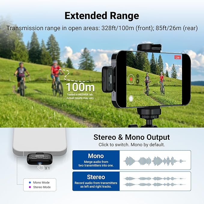 NEEWER KM19 Lightweight Wireless Lapel Microphone, 48kHz/24bit 30H Battery 3-Level Noise Cancelling Mute Stereo 100m Range Mini Lav Mic with App Control, Compatible with iPhone Android Phone PC