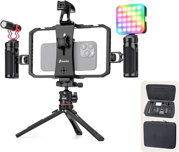 Zeadio All-in-One Phone Video Vlogging Kit, Versatile Rig Cage with RGB Light, Mic, Arca Ball Head Tripod - Perfect for Recording/YouTube/Live Streams/Tabletop Filming/Content Creation/Travel etc