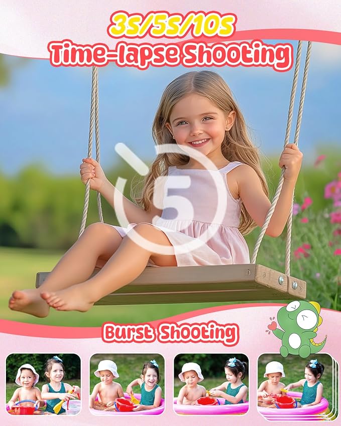 Kids Instant Print Camera for Toddlers - Ink Free Printing, Dinosaur Design, Perfect for Boys & Girls Aged 3-12 (Pink)