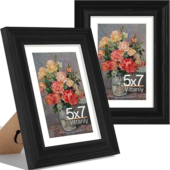 Vittanly 5x7 Picture Frames Set of 2, Ornate Vintage Photo Frame for Wall or Tabletop, Display 4x6 Pictures with Mat or 5x7 without Mat, Vintage Black