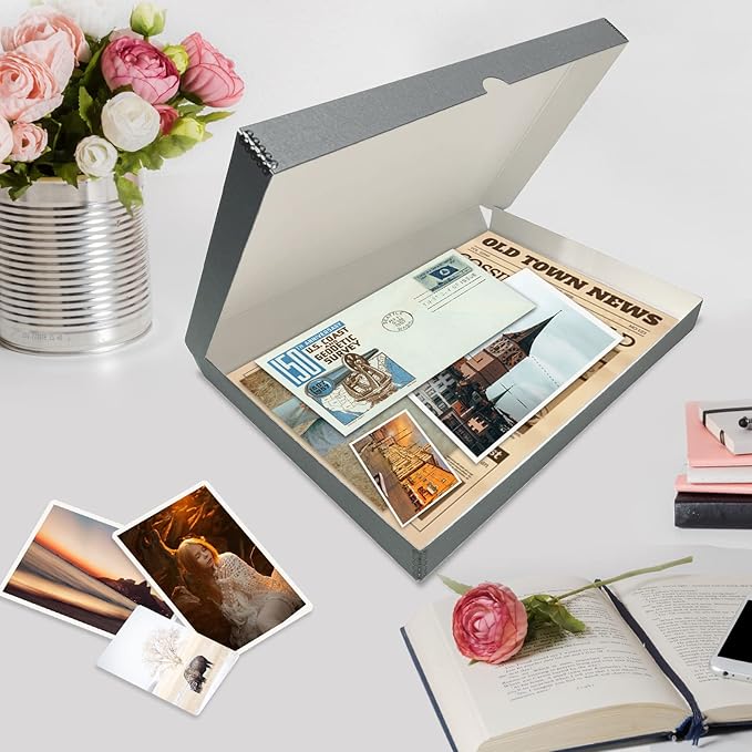 Lineco Folio Storage Box, Clamshell Design with Metal Edge. 13.5x19.5x1.75 Inches, Archival Boxboard, Preserve Photos, Cards, Magazines, Documents, Art, Ephemera, Family Records, Gray, Pack of 2