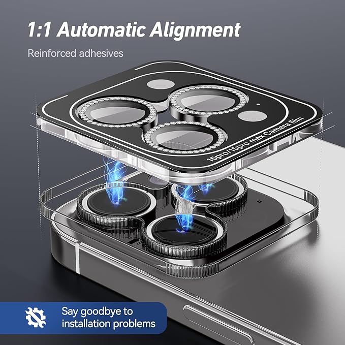 Jeluse Camera Lens Protector for iPhone 17 Pro Max/17 Pro/16 Pro Max/16 Pro/15 Pro Max/15 Pro/14 Pro Max/14 Pro, 9H Tempered Glass Screen Protector Cover Alignment Kit Metal Individual Ring