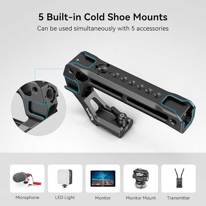 SmallRig Lightweight NATO Top Handle, Quick Release NATO Grip for DSLR Camera Cage, Universal Top Handle with 5 Cold Shoe Adapters (NATO Rail NOT Included) -3766