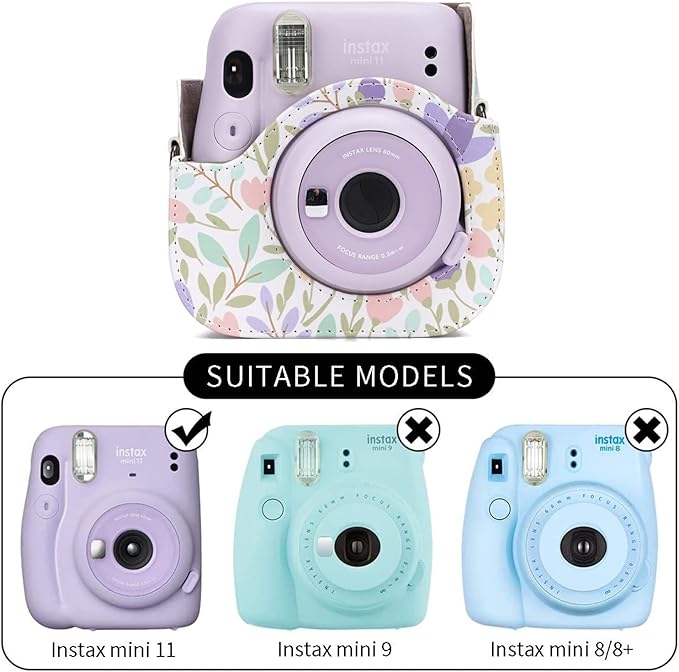 Frankmate PU Leather Camera Case Compatible with Fujifilm Instax Mini 11 12 Instant Camera with Adjustable Strap and Pocket (Flowers Green)