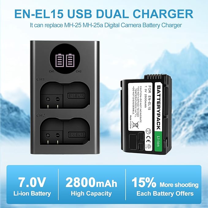 EN-EL15 Replacement Battery with LCD Dual Charger - 2800mAh Li-ion Battery for Nikon D850 D750 Z6II Z7II Z5 D500 D7500 D800 Z8 Zf D810 D800E D810A D600 D610 1 V1 DSLR & Mirrorless Cameras