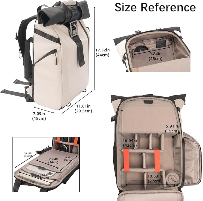 Besnfoto Camera Backpack, Waterproof Travel Camera Bag for Photographer Expandable Roll Top Photography Case for DSLR SLR Mirrorless Camera Fit up to 15.6 inch Laptop with Rain Cover