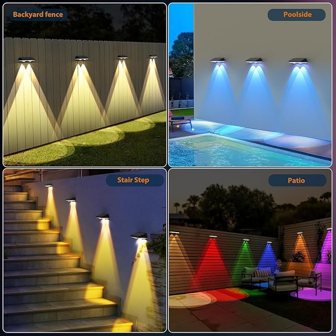 Solar Fence Lights,RGB & Warm White & 6 Colors Lens LED Dusk to Dawn Deck Light Outdoor Waterproof, Solar Outdoor Lights for Backyard/Railing/Wall/Step/Patio/Pool Set of 2