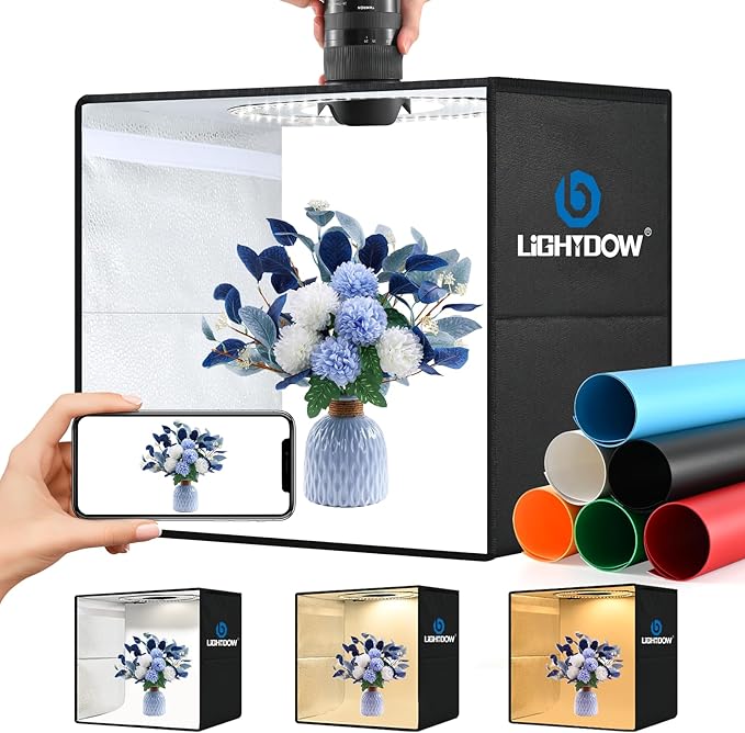 Lightdow 10"x10"x10" Photo Studio Light Box Photography with 96 LEDs (CRI>95), 6 Backdrops - Portable/Dimmable/Versatile Folding Shooting Tents for Toys/Jewelry/Watches/Cosmetics Photography
