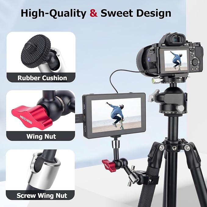 7" Cold Shoe Magic Arm with 360° Ball Joint & 1/4" Screw, Adjustable Stainless Steel Friction Arm for Camera Cage LED Light Microphone Monitor – DSLR Vlog Photography-87001