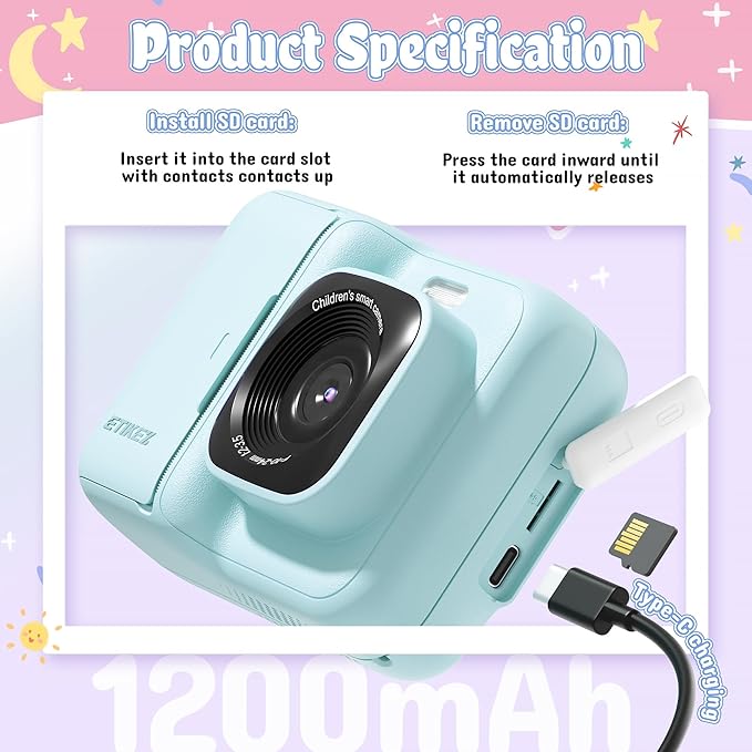 ETIKEZ Kids Camera, 1080P Instant Digital Print Camera for Kids, Christmas Birthday Gifts for 4 5 6 7 8 9 10 Year Old Girls Boys, Portable Toy with 32GB SD Card & 3 Rolls Printing Paper, Blue