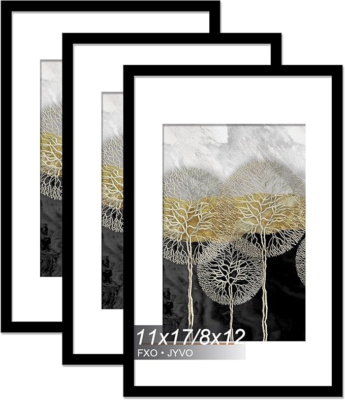 11x17 Picture Frame Set of 3, Display Poster 8x12 with Mat or 11 x 17 Without Mat, Light Weight and High Transparent 11 by 17 Frame for Wall - 3 Pack/Black/11 x17