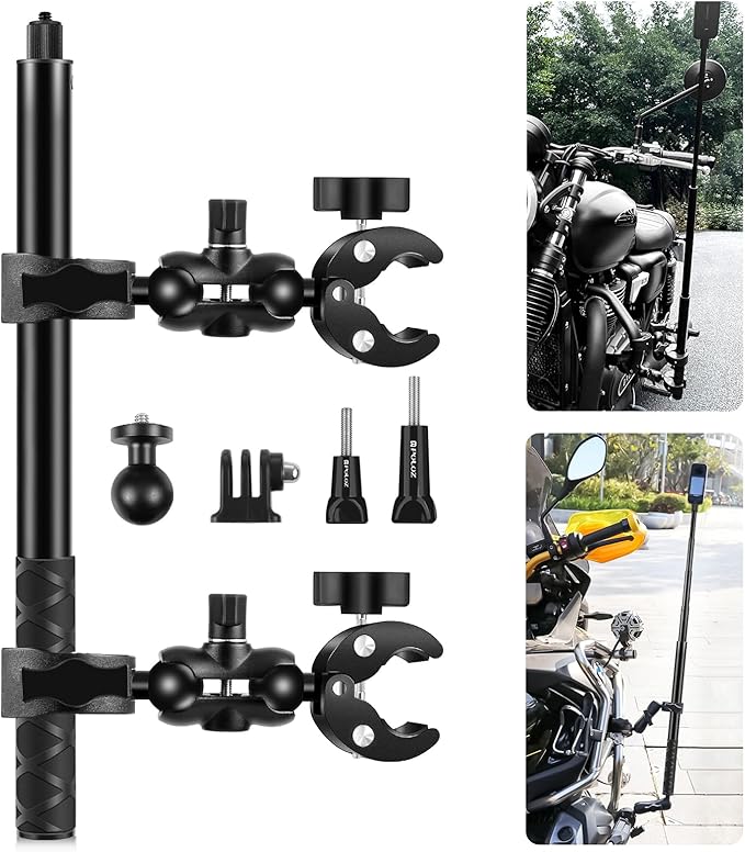 PULUZ Double Clamp Motorcycle Mount Kit for Insta360 X4 X3 X2 GO 3 One RS Camera, Bike Handlebar Mount Bundle with 59" Invisible Selfie Stick Telescopic for Moto Bicycle Riding Records