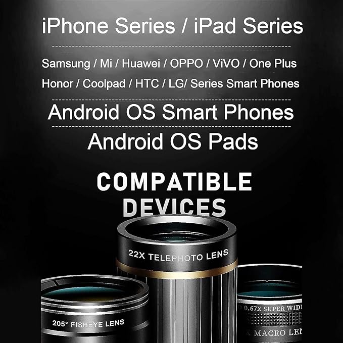 Phone Camera Lens Kit Upgraded Version — Includes 22X Telephoto Lens, 205° Fisheye Lens, 0.67X Wide Angle Lens, 25X Macro Lens, Clip & Mini Tripod for iPhone and Android Phones