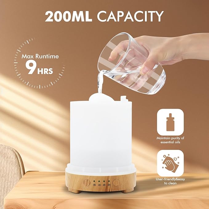 Essential Oil Diffuser 200ml-Ultrasonic Aroma Diffuser with 4 Timers, Aromatherapy Diffuser 7 Color LED Lights with Auto Shut-Off Protection for Home Office Yoga Gift (Ceramic White)