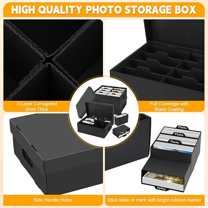 ATPWONZ 3 PCS Photo Storage Box for 5"x7" Photos, with 24 Inner Picture Boxes, 15“ x 10.3“ x 6.1“ Photo Organizer Box, Portable Scrapbook Photo Boxes with Lid, for Photo Stickers Stamps Seeds(Black)