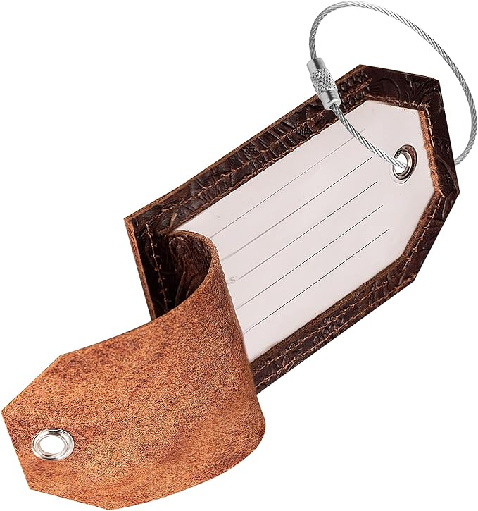 Genuine Leather Set of 2 Luggage Tag with Full Back Privacy Name ID Card Stainless Steel Loop Suitcase Labels Identifiers Baggage Tags Luggage for Women Men Travel (Yellow Brown Flower)