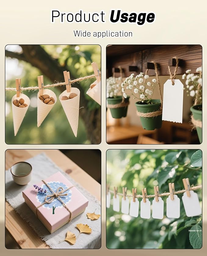 Gaahkai 200PCS 1.2" Picture Clips Wall Hanging with 328FT Photo String, Tiny Hanger Clothes Pins for Photos, Mini Clothespins Wooden for Baby Shower