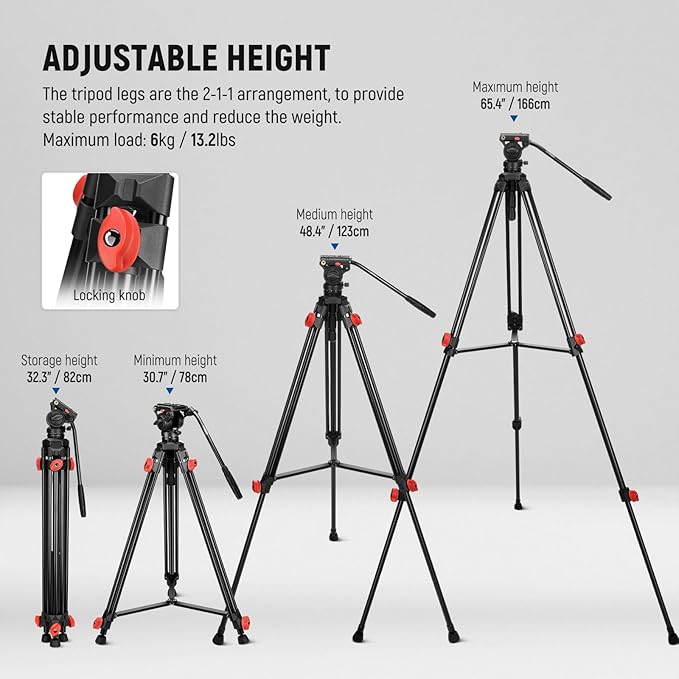 NEEWER Video Tripod with Fluid Head, Heavy Duty Aluminum Compact Portable Camera Tripod Stand for DSLR Camcorder Compatible with DJI Gimbals Compatible with Manfrotto QR Plates, Max Load 13.2 lb, TP73